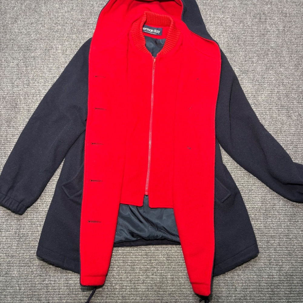 Herman Kay Womens Navy Blue Wool Blend Hooded Coat Red Lining Size 8 56012J - Picture 4 of 9